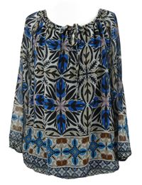 Dámská béžovo-modro-růžová vzorovaná šifonová balonová halenka Hailys