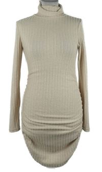 Dámské béžové žebrované úpletové šaty s rolákem 