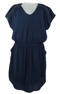 Dámské tmavomodré šaty s krajkovými pruhy 