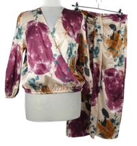 2set- Dámská růžovo-tmavorůžová květovaná saténová halenka + midi sukně s páskem 