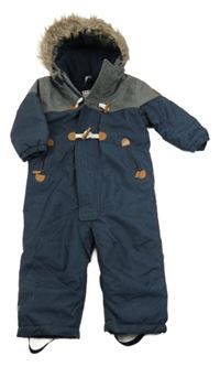 Šedo-tmavomodrá šusťáková zimní kombinéza s kapucí Topomini