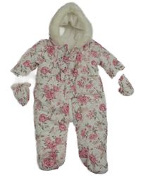 Bílá květinová šusťáková zimní kombinéza s kytičkami a kapucí+ rukavice Matalan