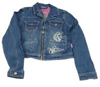 Modrá riflová crop bunda s potiskem 