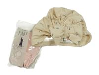 2set - Béžová květovaná čepice s mašlí + růžové rukavice