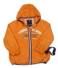 Oranžová šusťáková podzimní bunda s nápisem a kapucí Timberland
