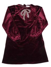 Vínové sametové šaty s mašlí z kamínků 