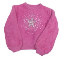 Růžový chlupatý svetr s flitry a hvězdou Dunnes 