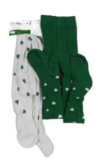 Nové - 2x punčocháče - zelené se čtyřlístky + bílé se srdíčky 