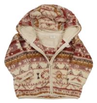 Smetanovo-vínovo-růžová vzorovaná chlupatá propínací mikina s kapucí Next