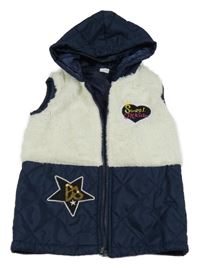 Tmavomodro-bílá prošívaná šusťákovo/kožešinová zateplená vesta se srdíčkem a hvězdičkou a kapucí 