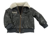 Antracitová koženková bunda s nášivkou a kožešinou 