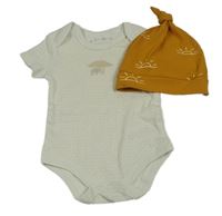 2set - Bílé puntíkované body + hořčicová čepice 