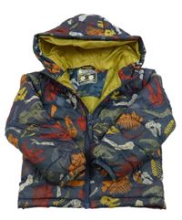 Tmavomodrá šusťáková prošívaní zimní bunda s dinosaury a kapucí Mountain Warehouse