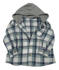 Tmavomodro-modro-bílá kostkovaná flanelová košilová bunda s kapucí Matalan 