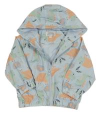 Světlemodrá šusťáková jarní bunda s dinosaury a odepínací kapucí