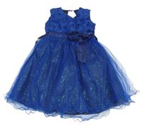 Nové - Kobaltově modré třpytivé tylové slavnostní šaty s mašlí 