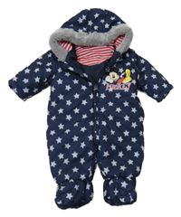 Tmavomodrá šusťáková hvězdičkovaná zimní kombinéza s Mickeym a kapucí 