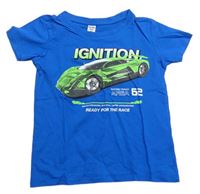 Cobaltově modré tričko s autem a nápisy a číslem dopodopo