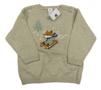 Nové - béžovošedý melírovaný svetr s liškou a stromečkem H&M