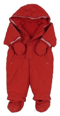 Červená prošívaná šusťáková zimní kombinéza s pruhy a kapucí + rukavice a capáčky Mothercare