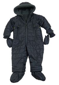 Tmavomodrá melírovaná prošívaná šusťáková zimní kombinéza s kapucí + rukavice a capáčky Mothercare