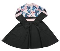 Černo-světlerůžové UV šaty s květy a lístečky SHEIN