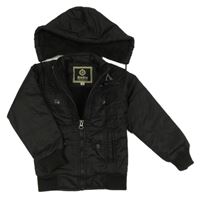 Černý šusťákový zateplený bomber s nápisy a odepínací kapucí