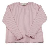 Světlerůžový žebrovaný úpletový svetr s volánky H&M