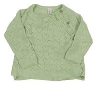 Světlezelený zavinovací propínací svetr s perforovanými srdíčky Topomini