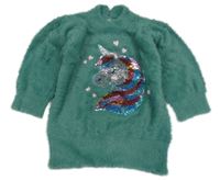 Olivový chlupatý svetr s jednorožcem z překlápěcích flitrů a srdíčky