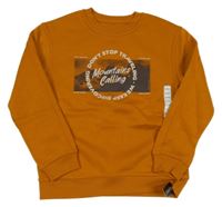 Nové - medová teplá mikina s nápisy a horami St. Bernard