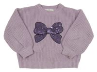 Světlefialový žebrovaný žinylkový oversize svetr s mašlí flitry H&M