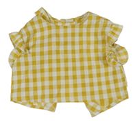 Okrovo-bílá kostkovaná mačkaná crop halenka s volánky SHEIN