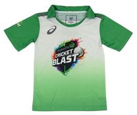 Bílo-zelené sportovní tričko s potiskem s nápisy a límečkem Asics 