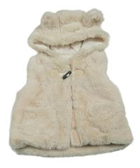 Béžová kožešinová zateplená vesta s kapucí s oušky Nutmeg