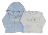 Nové - 2set - Světlemodrá sametová propínací mikina s výšivkami a kapucí + bílé triko s výšivkami
