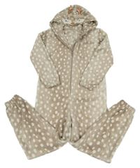 Béžová puntíkatá třpytivá chlupatá kombinéza s kapucí - srnka