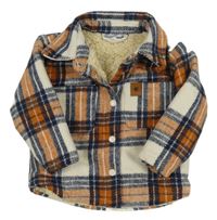 Krémovo-tmavomodro-cihlová kostkovaná vlněná zateplená košilová bunda Ergee