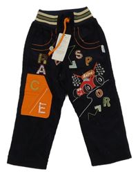 Nové - Tmavomodré manšestrové kalhoty s autem a písmeny