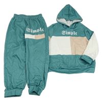 2set - Zeleno-bílo-béžová mikina s nápisem a kapucí + tepláky