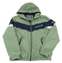 Khaki-tmavomodro-bílá šusťáková jarní bunda s nápisem a kapucí C&A