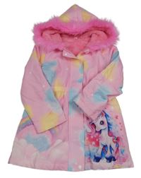 Růžovo-modro-žlutá batikovaná zateplená parka s jednorožcem a kapucí