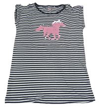 Antracitovo-bílé pruhované tričko s koněm z překlápěcích flitrů Yigga