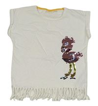 Bílé tričko s plameňákem z překlápěcích flitrů a třásněmi Kids