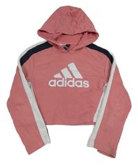 Starorůžovo-bílo-tmavomodrá crop mikina s logem a kapucí Adidas