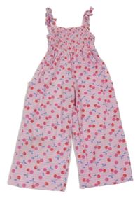 Růžový pruhovaný culottes overal s třešněmi