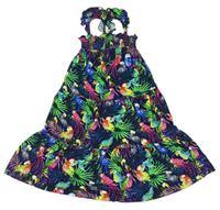 Tmavomodro-barevné šaty s papoušky Next