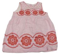 Růžovo-bílé pruhované šaty s výšivkami květů 