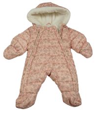 Růžová květovaná šusťáková zimní kombinéza s kapucí Minoti