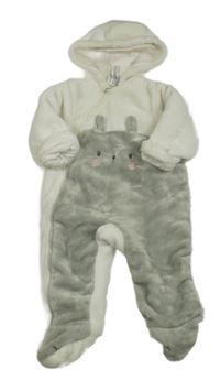 Bílo-šedá plyšová zateplená kombinéza s kočkou a kapucí C&A